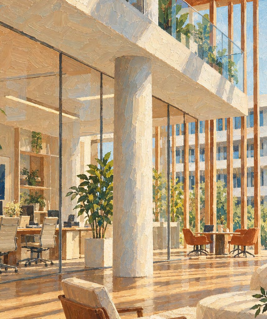 Painted illustration of a bright office behind glass and timber louvres