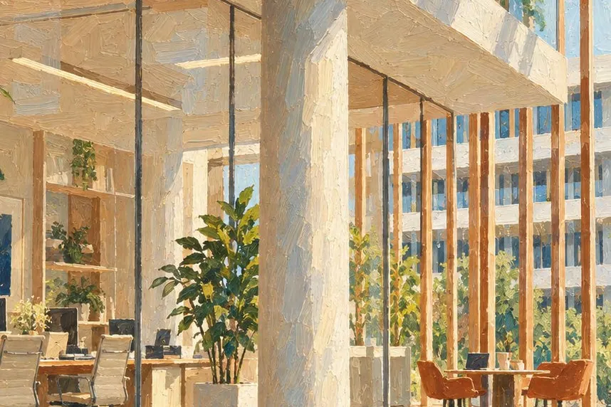 Painted illustration of a bright office behind glass and timber louvres
