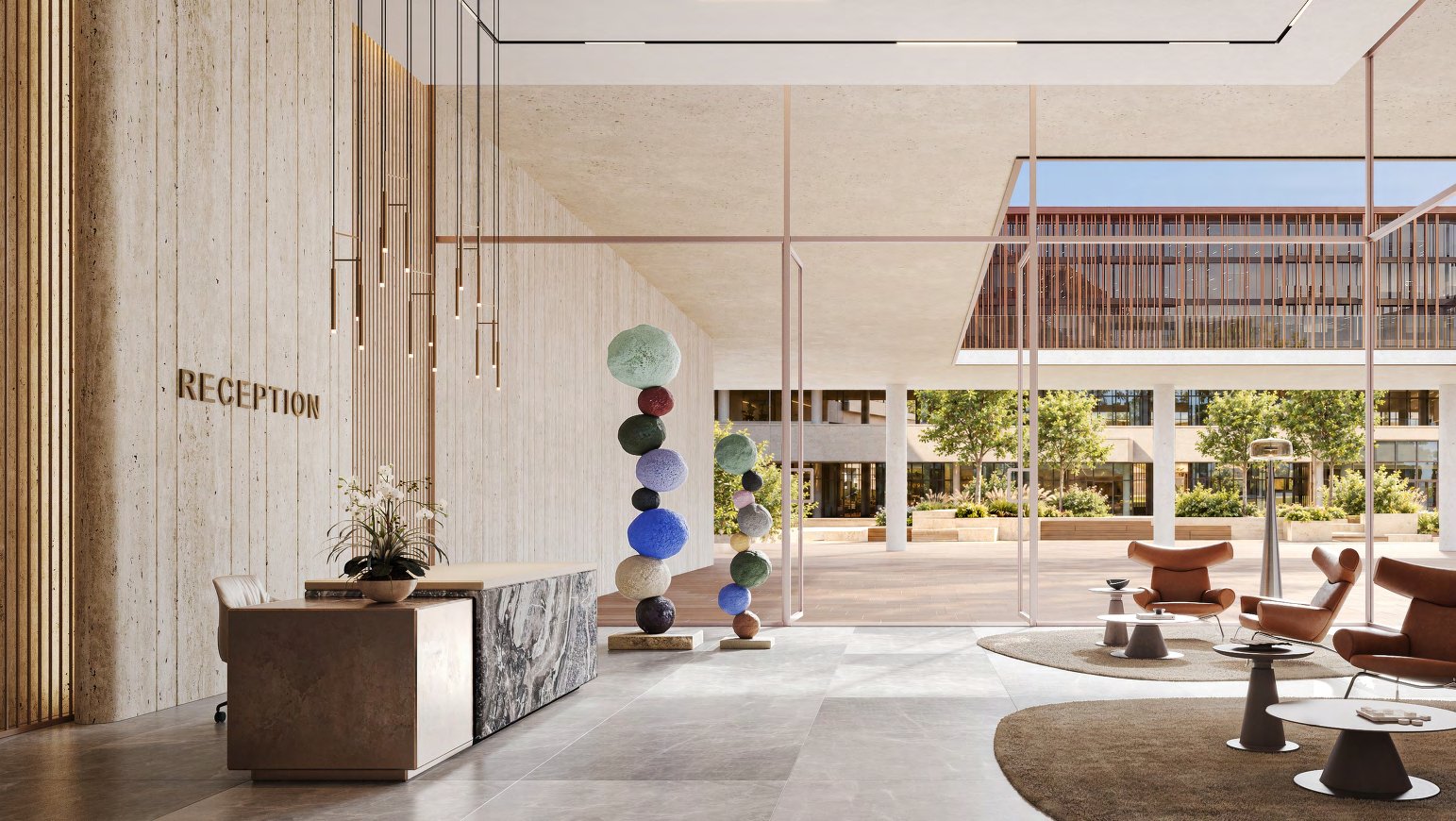 Reception lobby with stone walls, marble desk, pendant lights and sculpture