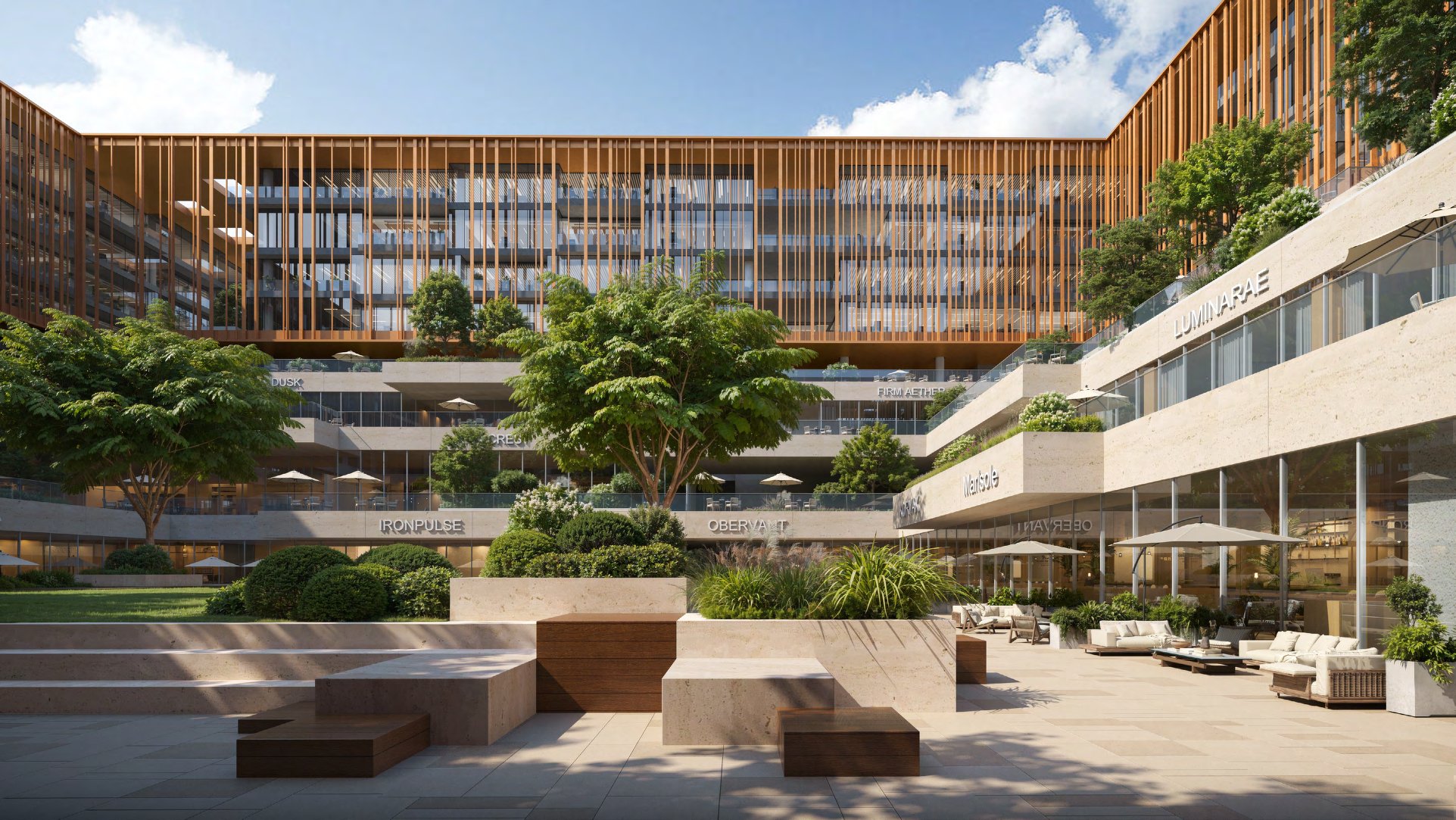 Landscaped central courtyard with stone benches, trees and louvred offices above