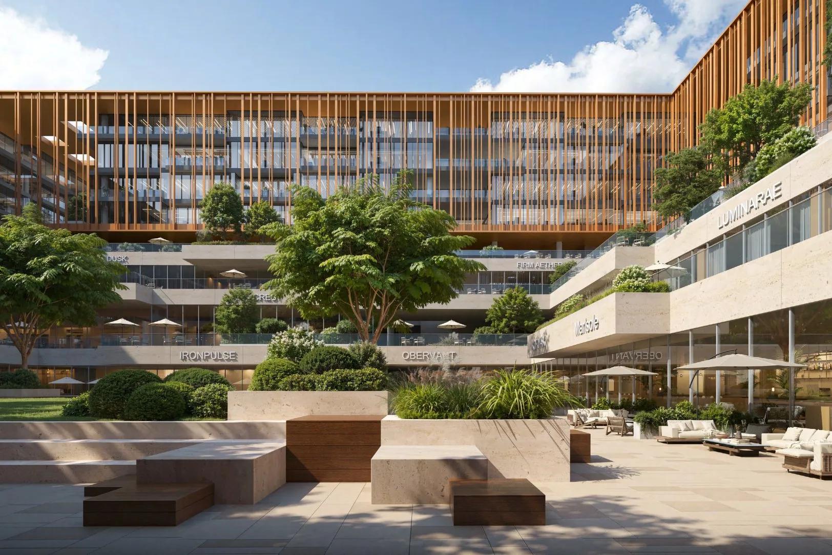 Landscaped central courtyard with stone benches, trees and louvred offices above
