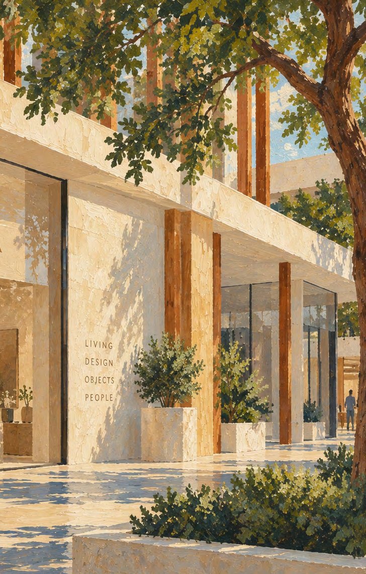 Sunlit stone entrance with timber columns and trees, painted illustration