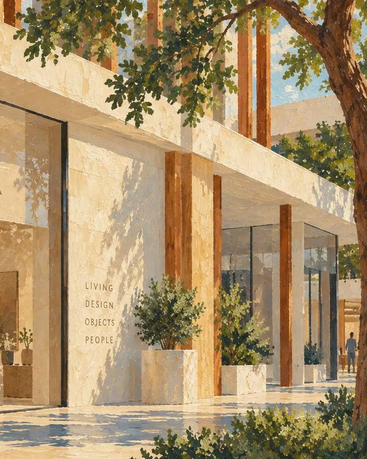 Sunlit stone entrance with timber columns and trees, painted illustration