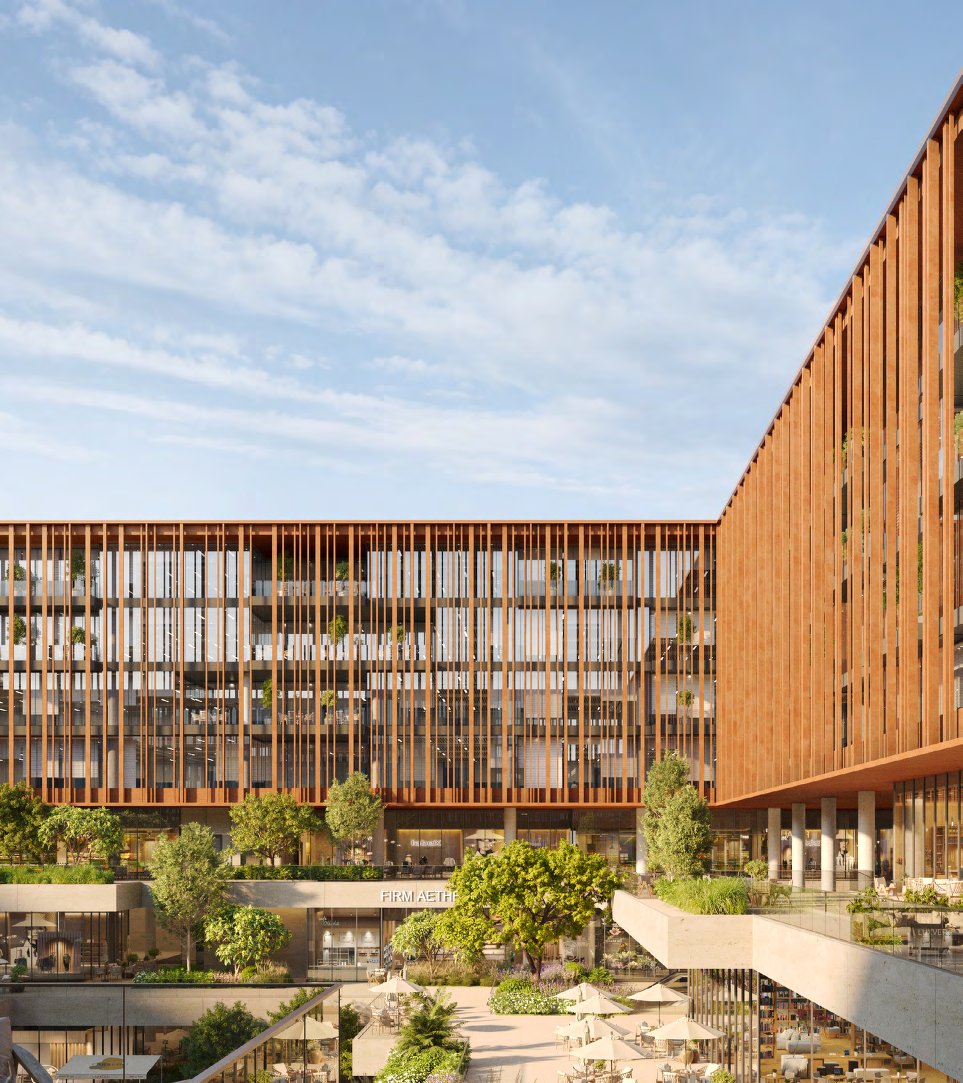 Louvred office façade above a terraced courtyard with cafés and trees