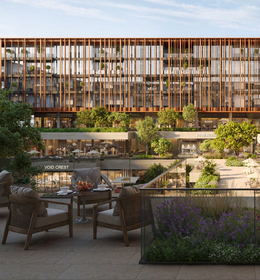 Terrace seating overlooking the courtyard, shops and louvred offices